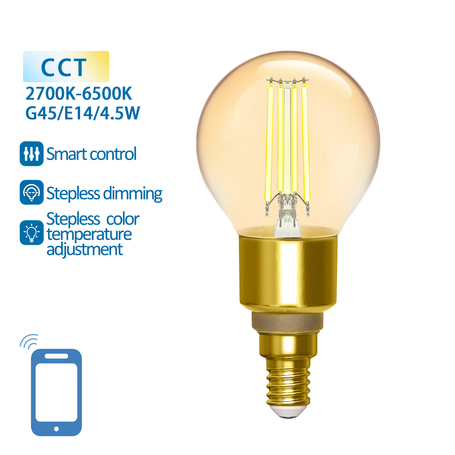 Kogellamp E14 4.5W WiFi + Bluetooth CCT 2700K-6500K | Smartlamp G45 - warmwit - daglichtwit filament LED ~ 470 Lumen - amber glas - 230 Volt