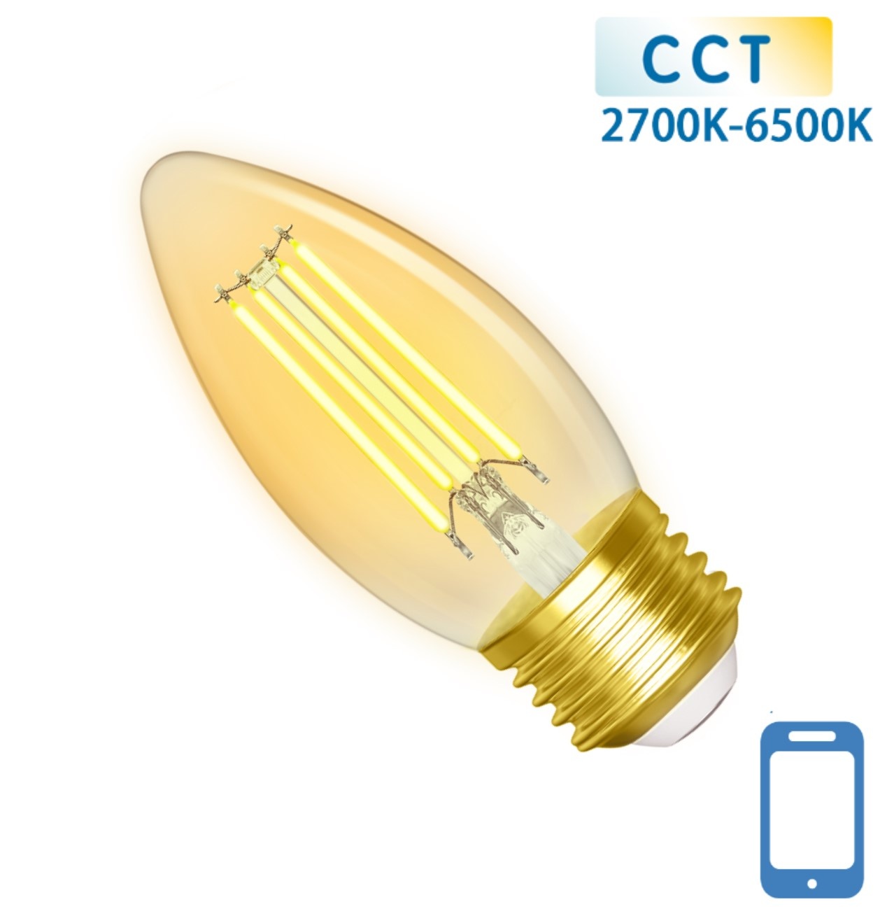 Kaarslamp E27 4.5W WiFi + Bluetooth CCT 2700K-6500K | Smartlamp C35 - warmwit - daglichtwit filament LED ~ 470 Lumen - amber glas - 230 Volt