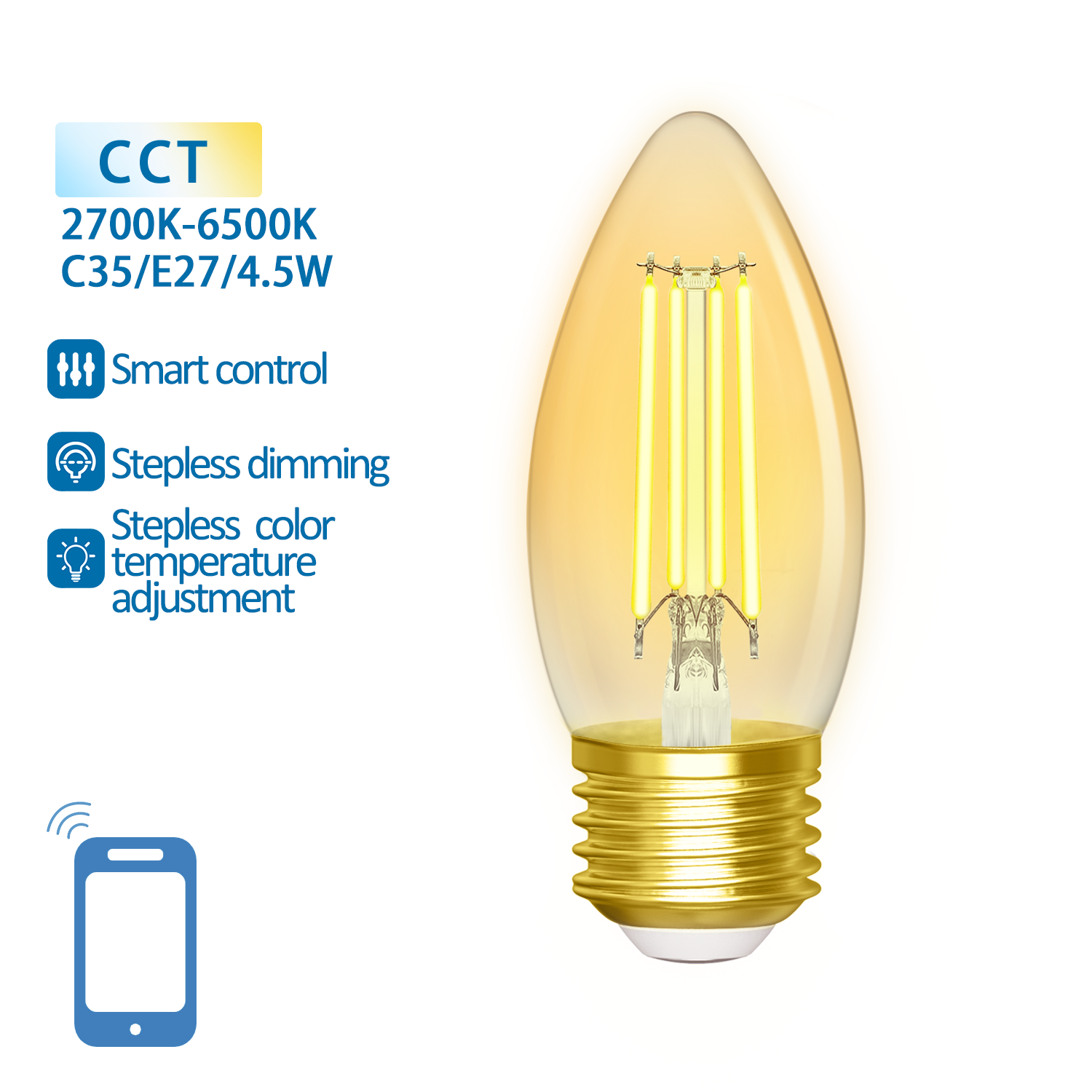 Kaarslamp E27 4.5W WiFi + Bluetooth CCT 2700K-6500K | Smartlamp C35 - warmwit - daglichtwit filament LED ~ 470 Lumen - amber glas - 230 Volt