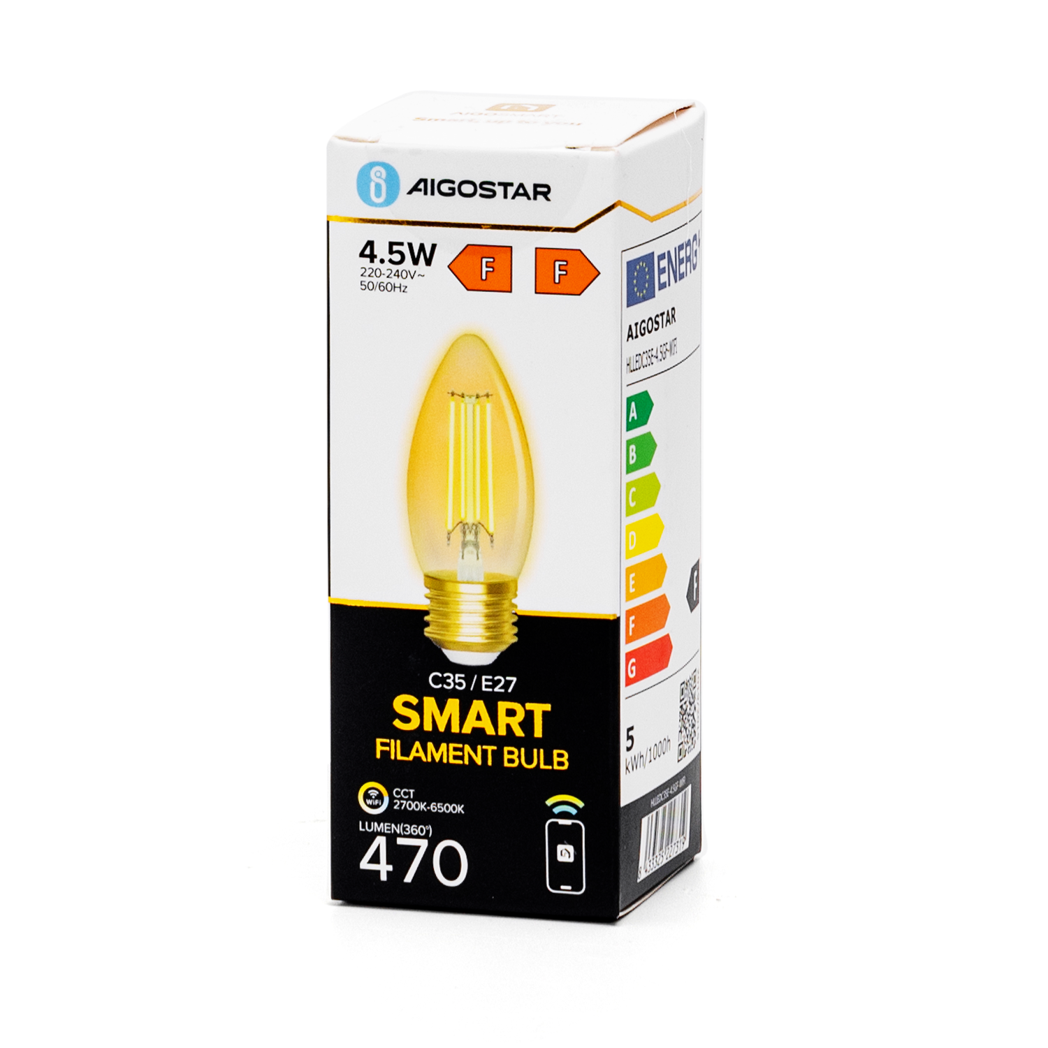 Kaarslamp E27 4.5W WiFi + Bluetooth CCT 2700K-6500K | Smartlamp C35 - warmwit - daglichtwit filament LED ~ 470 Lumen - amber glas - 230 Volt