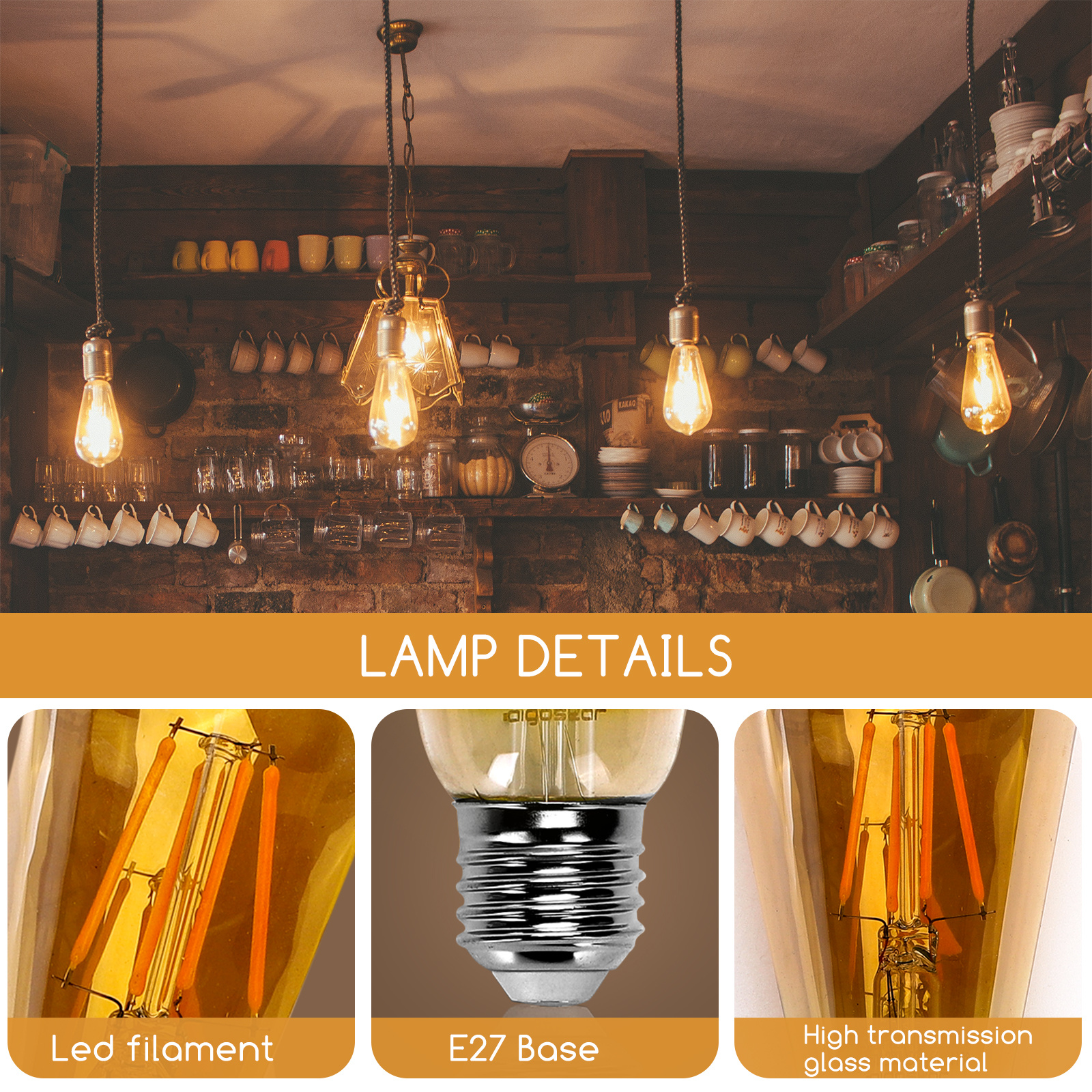 Kooldraadlamp E27 Edison ST64 - amber glas | LED 4W=38W gloeilamp | FLAME filament 2200K