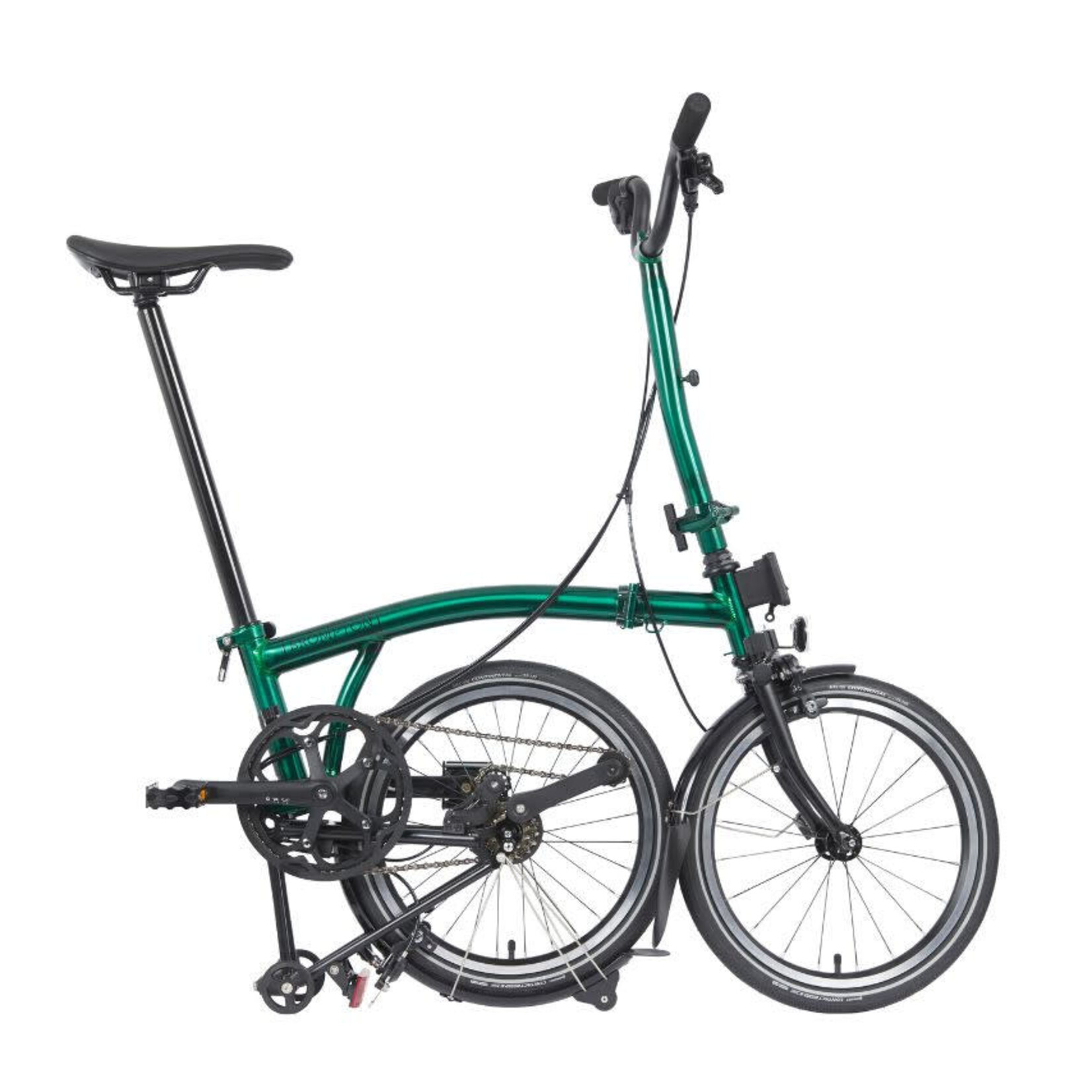 H4L0O8B060OC Brompton P Line Urban High Emerald Green, reflectors only,  Conti tyres, extended seatpost, Superlight saddle with steel rails, carrier  block - Lunar Cycles Ltd