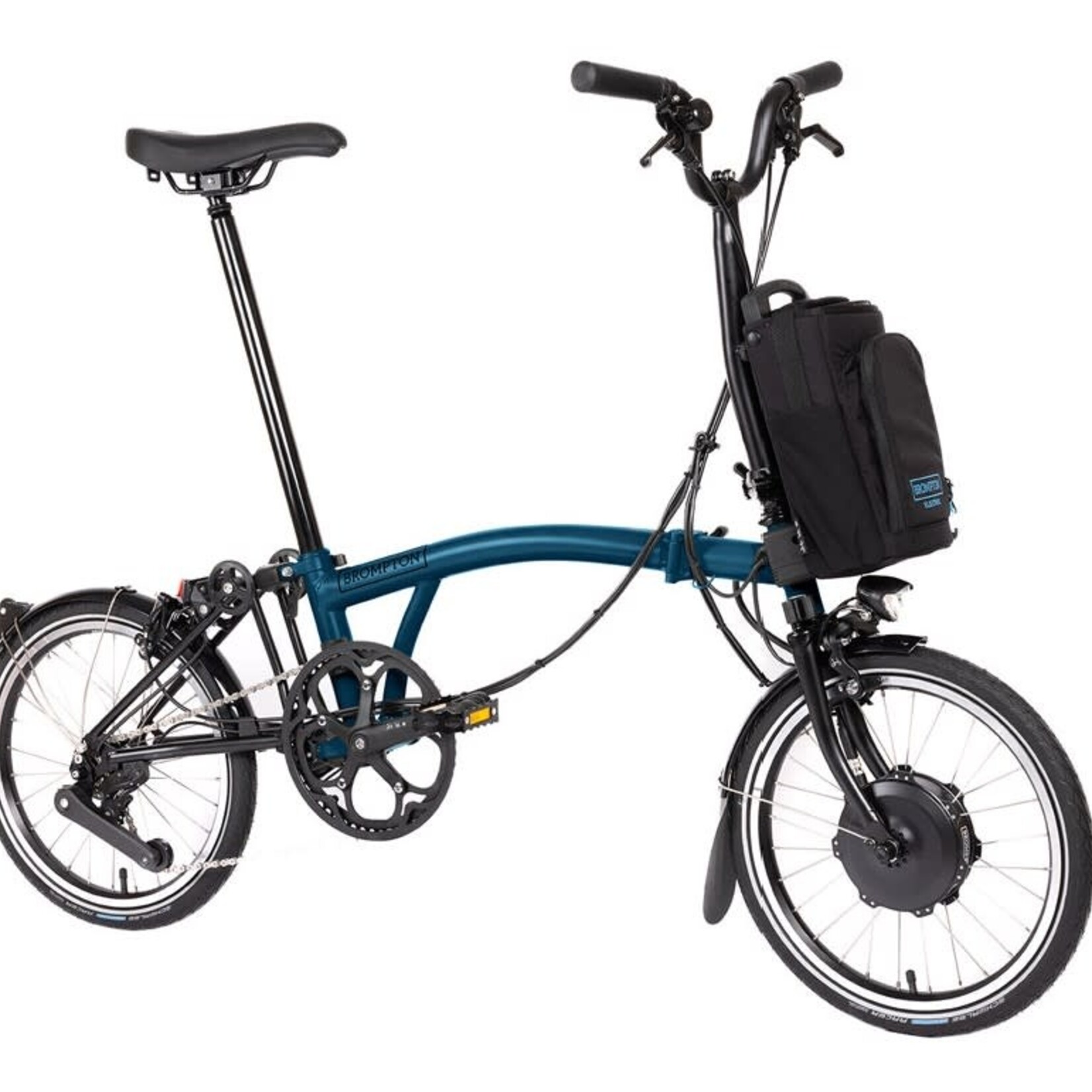 Brompton Electric C Line Urban Mid Folding Bike with Roller Rack - Ocean Blue