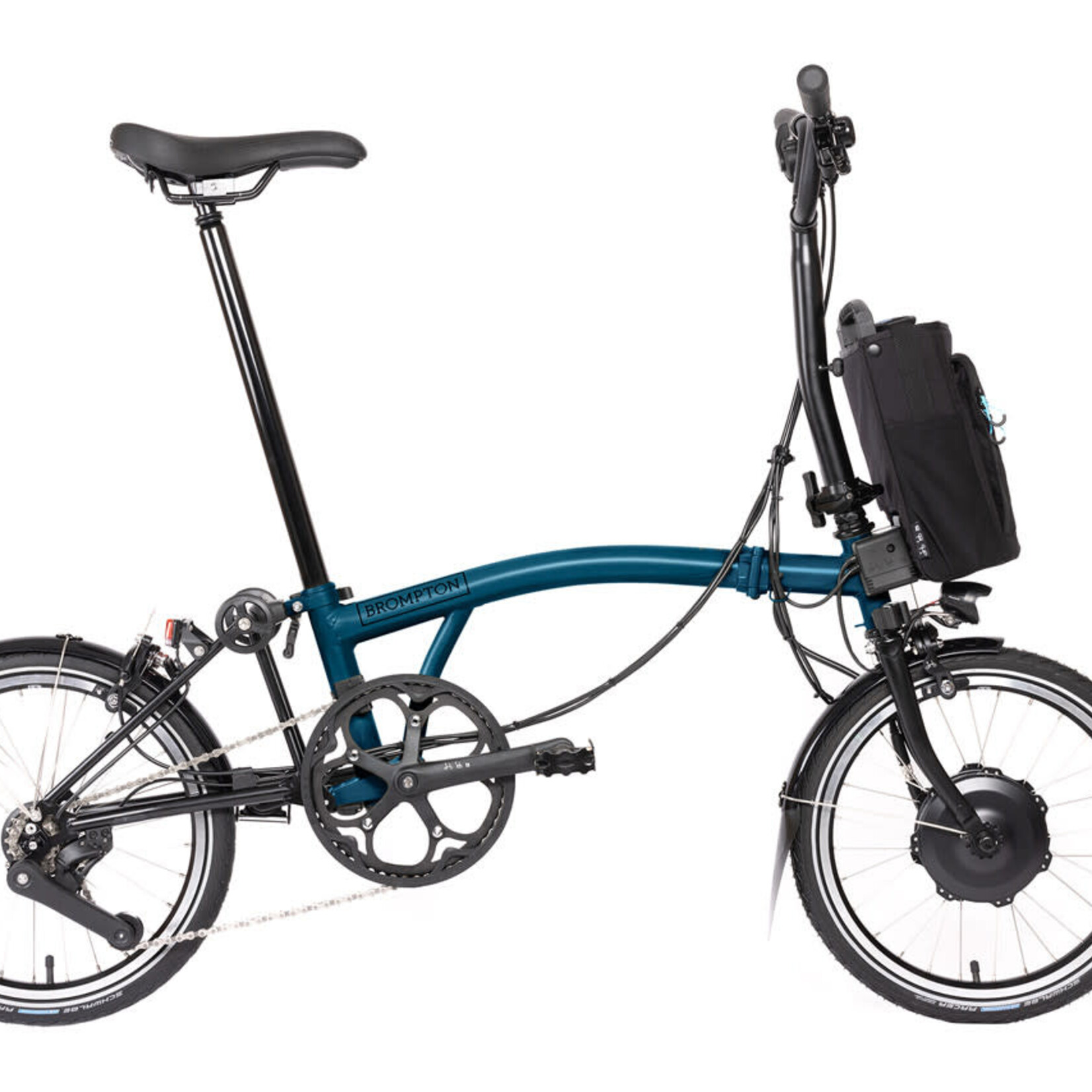 Brompton Electric C Line Urban Mid Folding Bike with Roller Rack - Ocean Blue