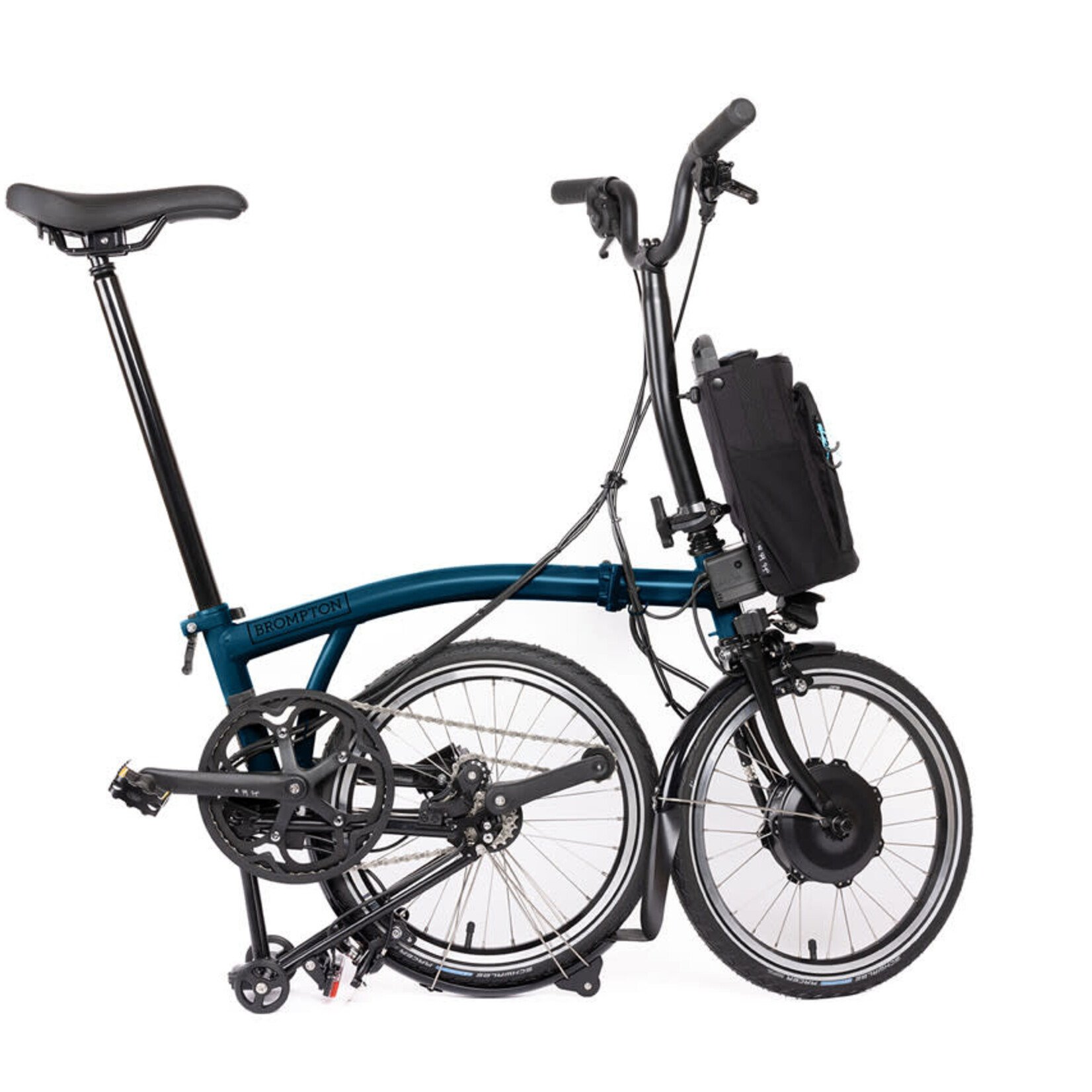 Brompton Electric C Line Urban Mid Folding Bike with Roller Rack - Ocean Blue