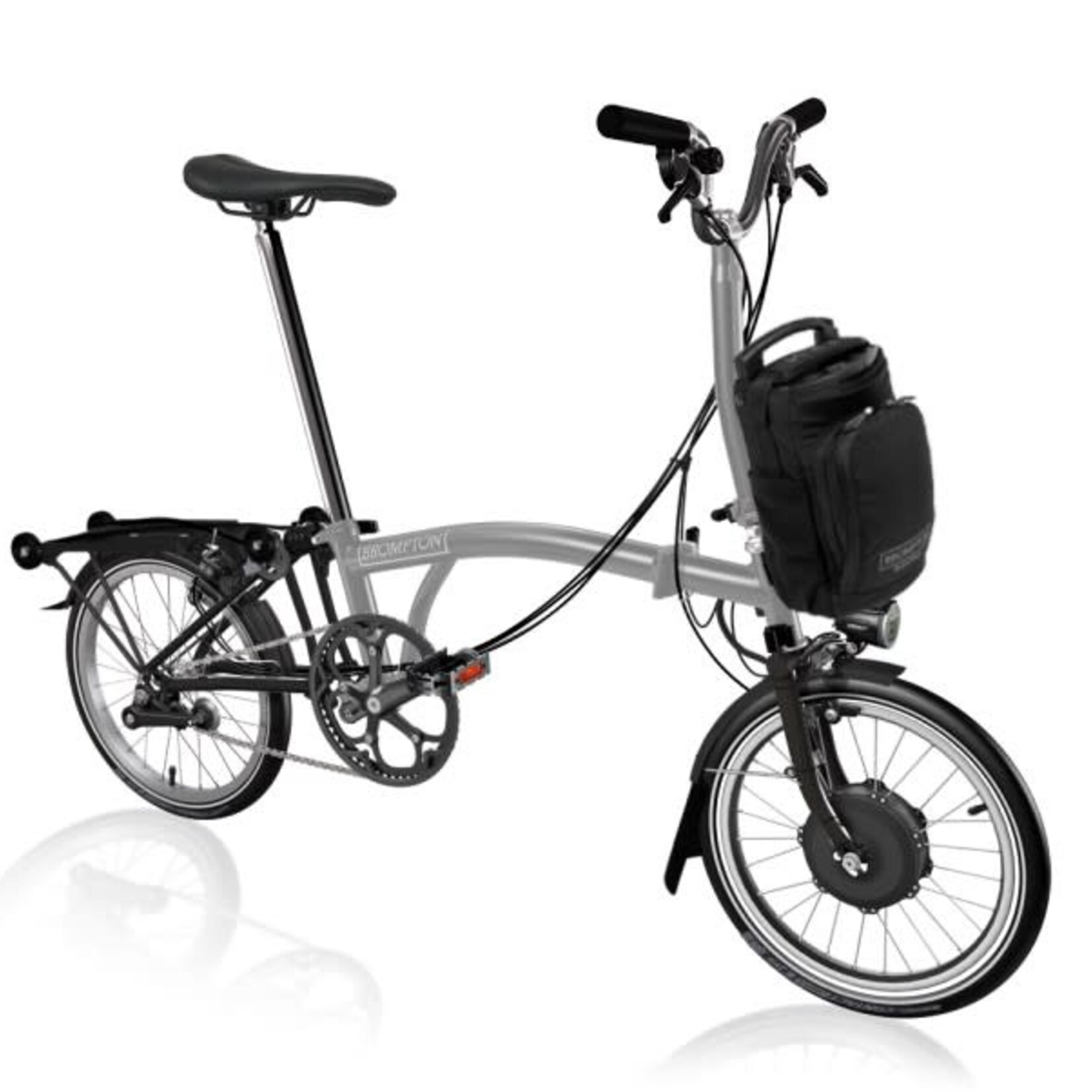 Brompton Electric P Line Urban Mid Folding Bike with Roller Rack - Storm Grey Metallic