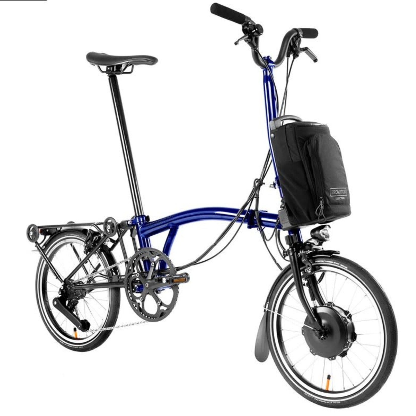 Brompton Electric P Line Urban Mid Folding Bike with Roller Rack - Bolt Blue Lacquer