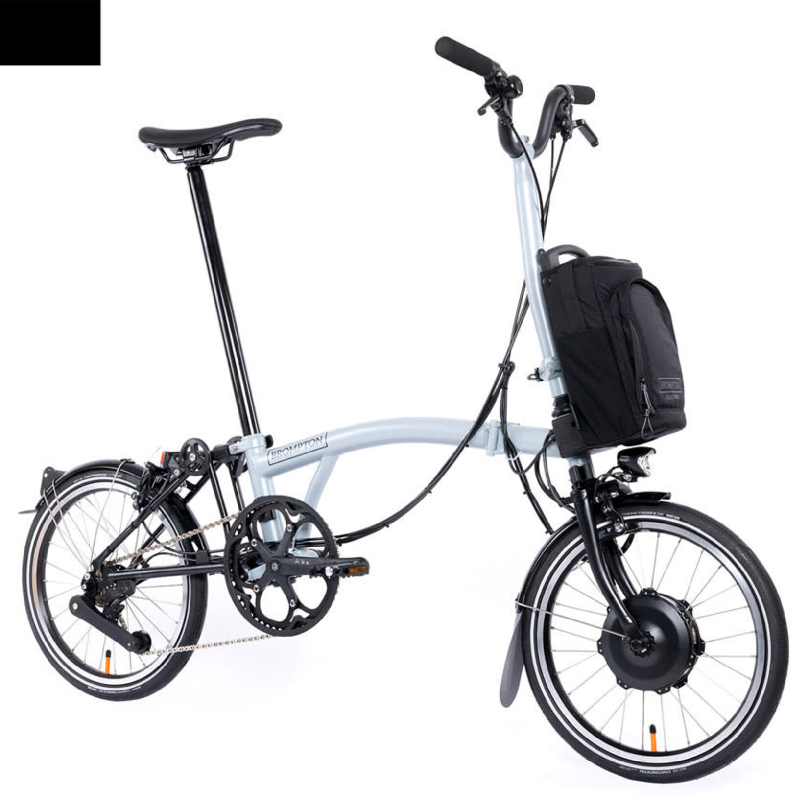 Brompton Electric P Line Urban High Folding Bike with Roller Rack - Lunar Ice