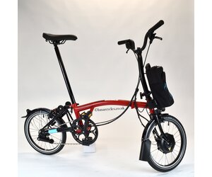 M2L02BEC6000 Brompton Electric C Line Urban Mid House Red extended seatpost standard saddle Lunar Cycles Ltd
