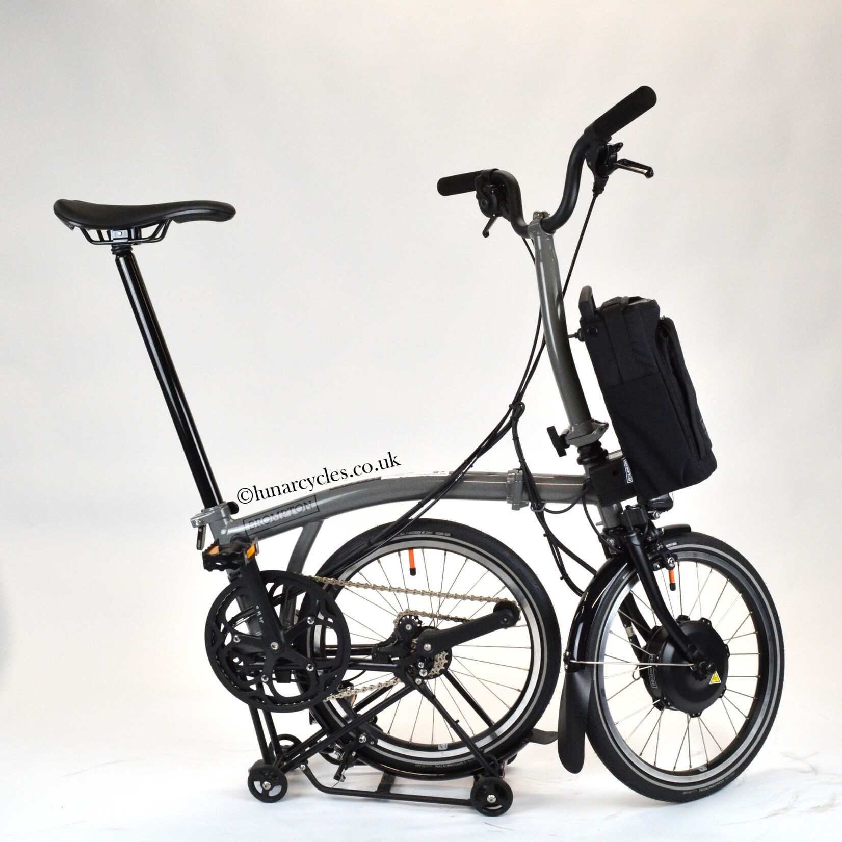 Brompton Electric P Line Urban Mid Folding Bike with Roller Rack - Storm Grey Metallic