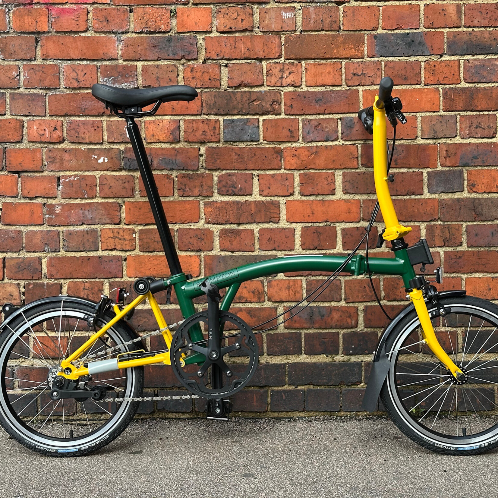 Brompton C Line 2 Speed Low Folding Bike - Racing Green main frame with Bumblebee Yellow extremeties