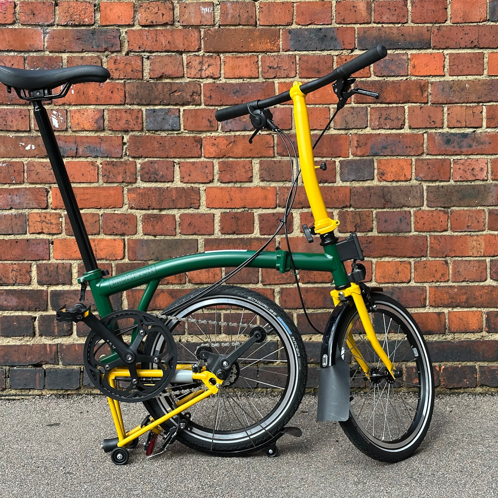 Brompton C Line 2 Speed Low Folding Bike - Racing Green main frame with Bumblebee Yellow extremeties