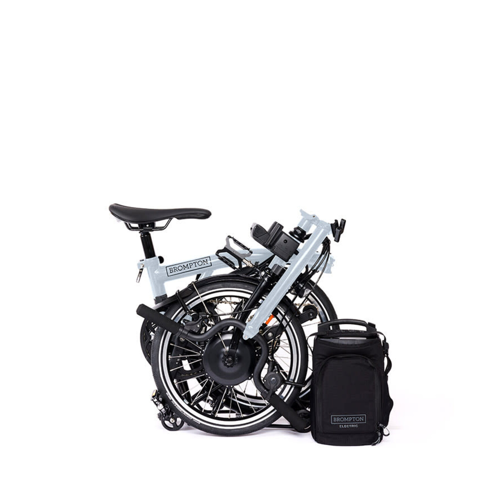 Brompton Electric P Line 4 Speed High Folding Bike with Roller Rack - Lunar Ice