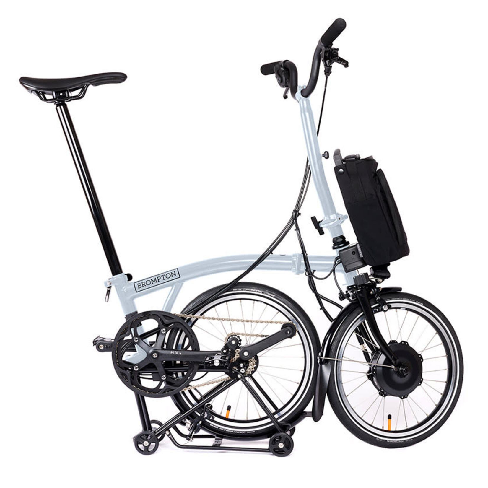 Brompton Electric P Line 4 Speed High Folding Bike with Roller Rack - Lunar Ice