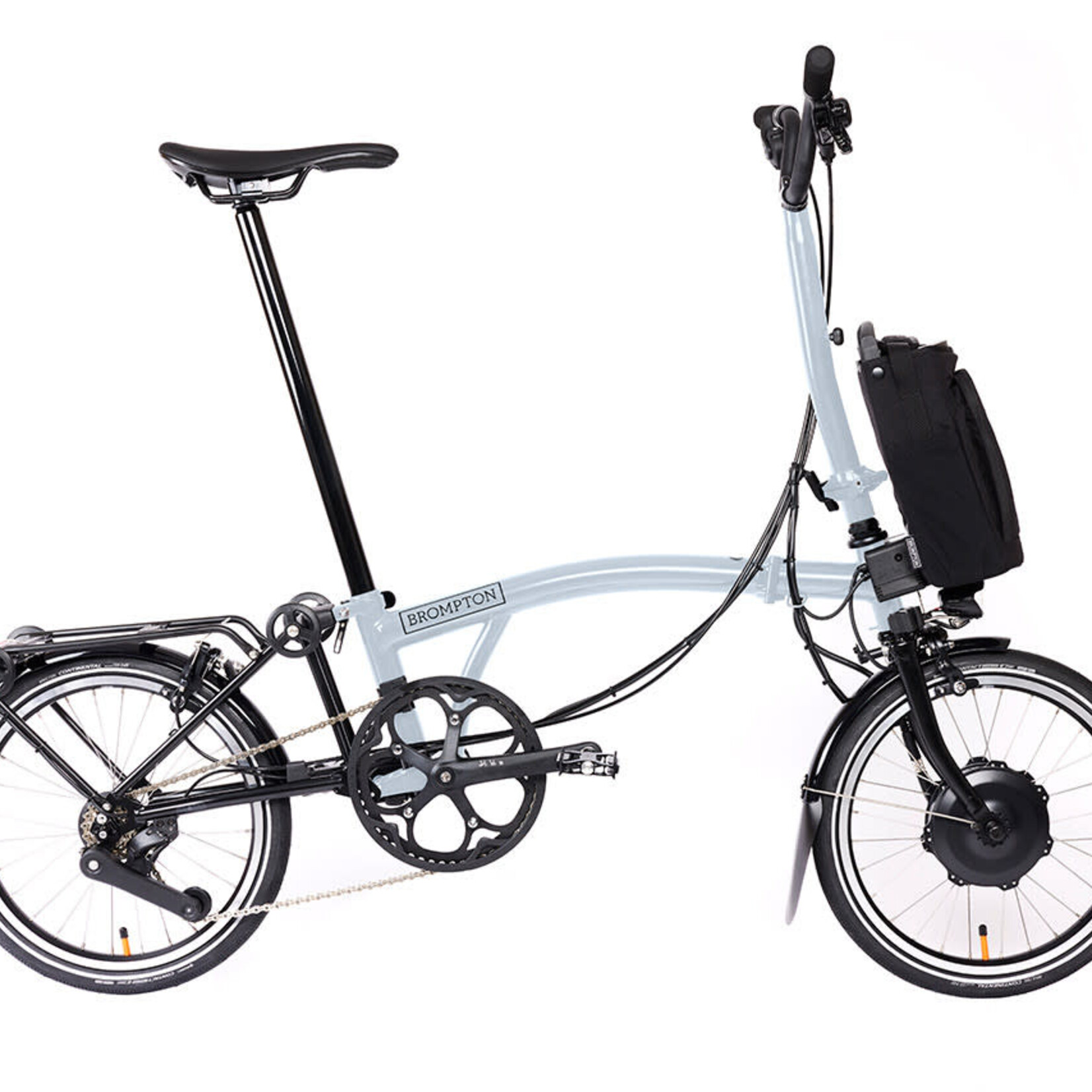 Brompton Electric P Line 4 Speed High Folding Bike with Roller Rack - Lunar Ice