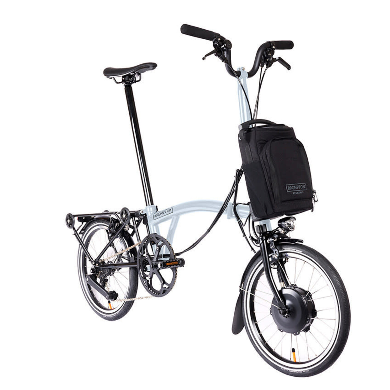 Brompton Electric P Line 4 Speed High Folding Bike with Roller Rack - Lunar Ice