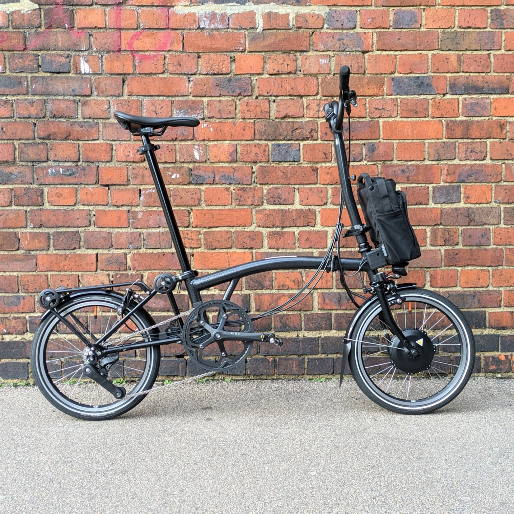 Brompton EX-DEMO Electric P Line 4 Speed High Folding Bike with Roller Rack - Midnight Black Metallic