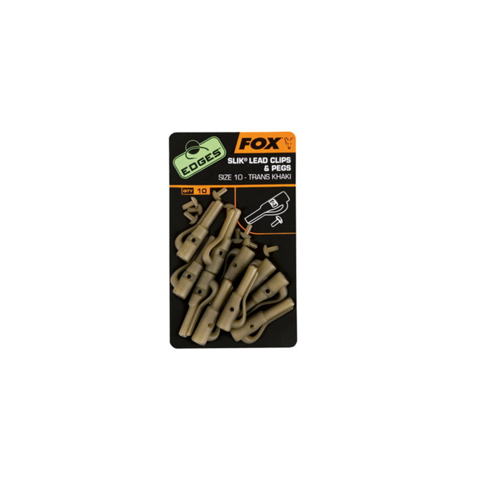 FOX Edges Size 10 Slik lead clip + pegs trans khaki