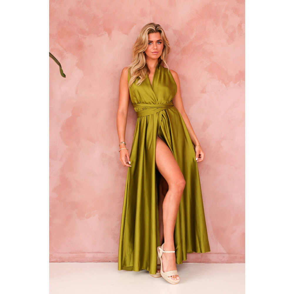 Carrie Dress - Satijnen wikkel jurk in olijfgroen