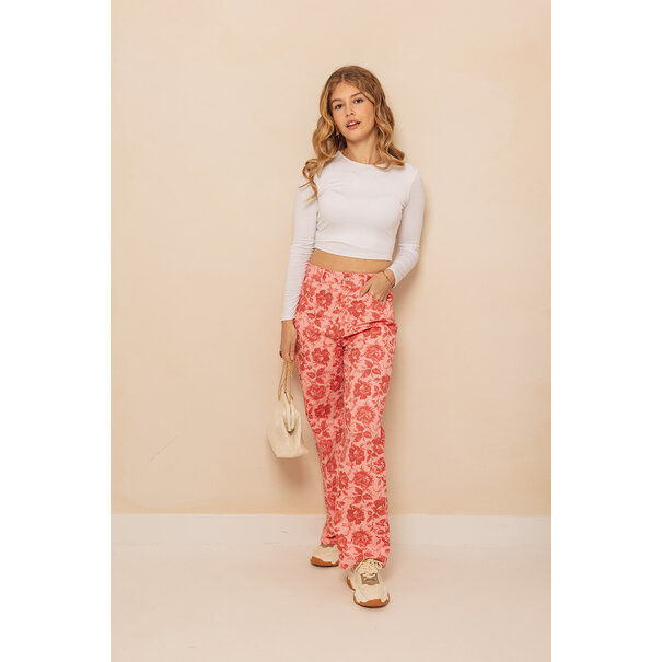 Bloemen Denim Broek | Roze