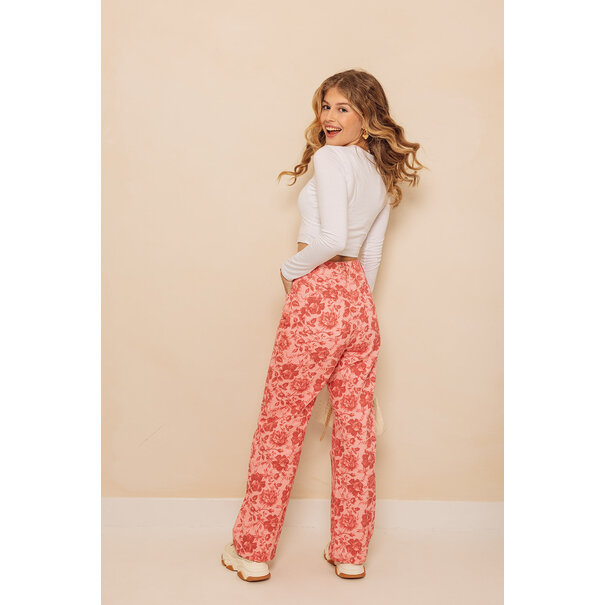 Bloemen Denim Broek | Roze