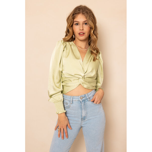 Satijnen Crop Blouse Met Knoop | Lime Groen