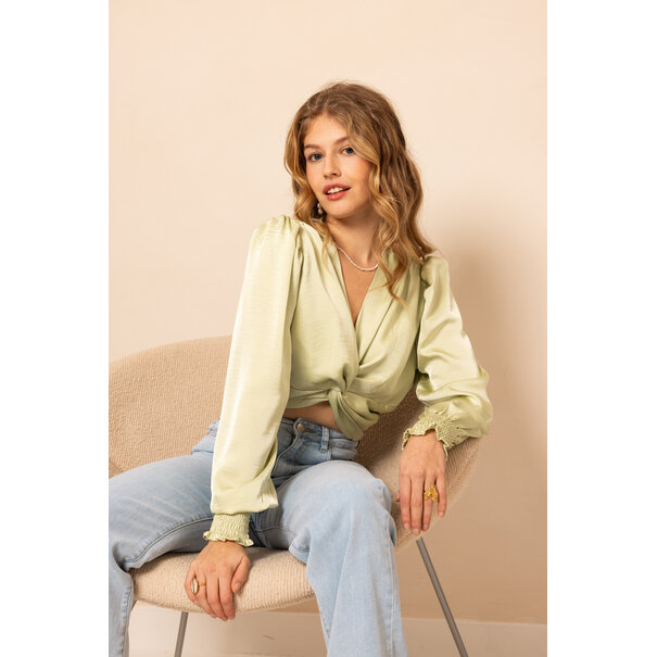 Satijnen Crop Blouse Met Knoop | Lime Groen