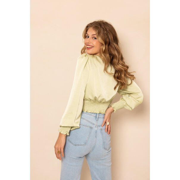 Satijnen Crop Blouse Met Knoop | Lime Groen