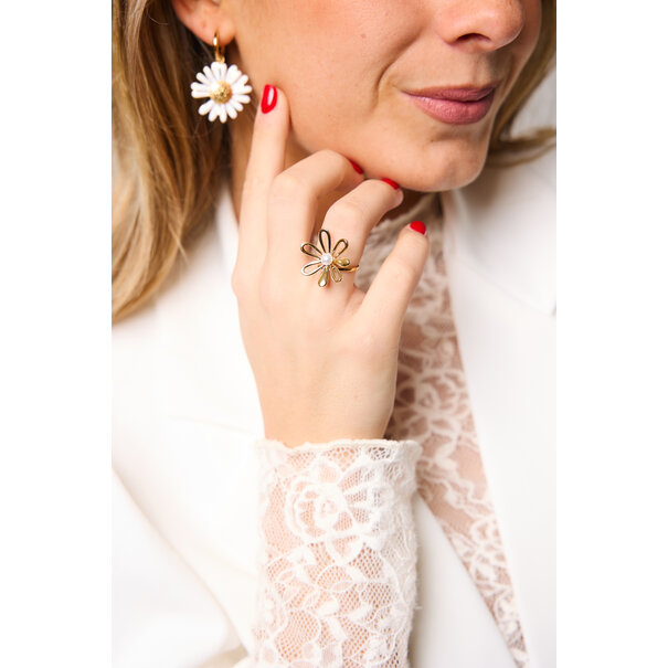 Bloem ring met parel | Goud