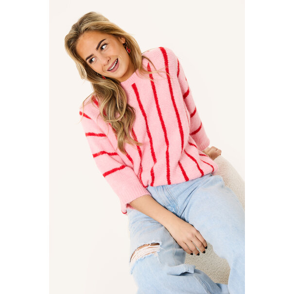 Soof gestreepte trui met korte mouw | Roze/rood