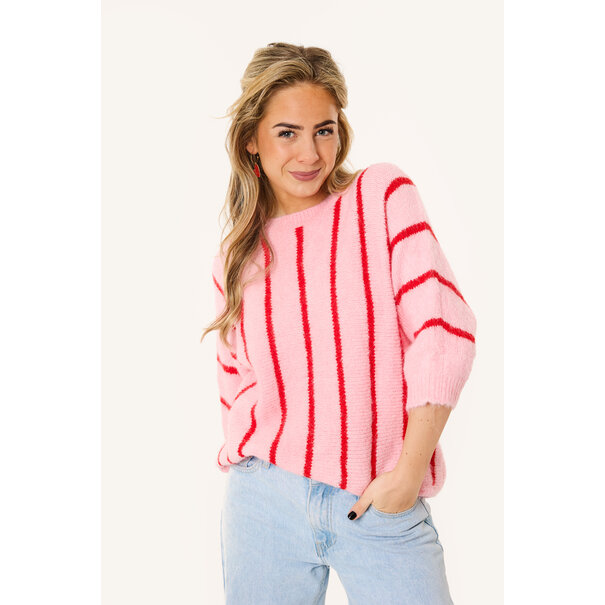 Soof gestreepte trui met korte mouw | Roze/rood