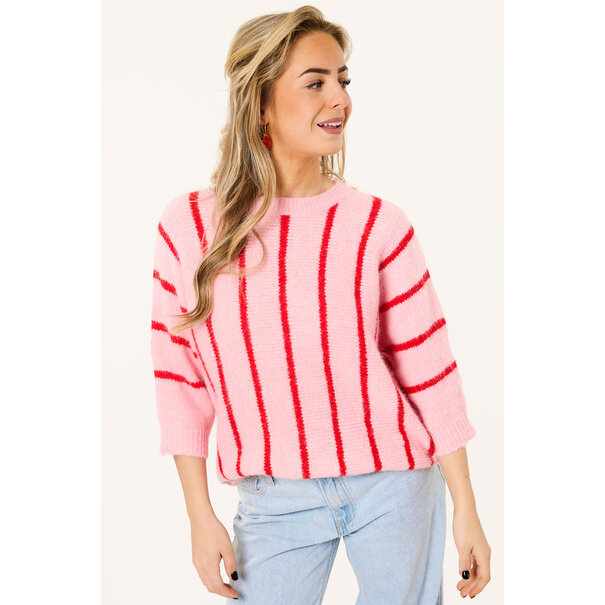 Soof gestreepte trui met korte mouw | Roze/rood