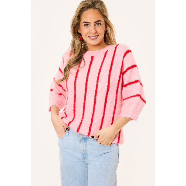 Soof gestreepte trui met korte mouw | Roze/rood
