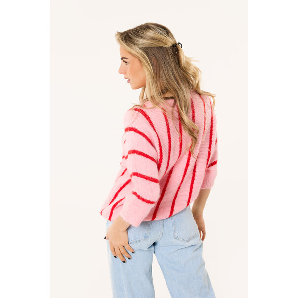 Soof gestreepte trui met korte mouw | Roze/rood