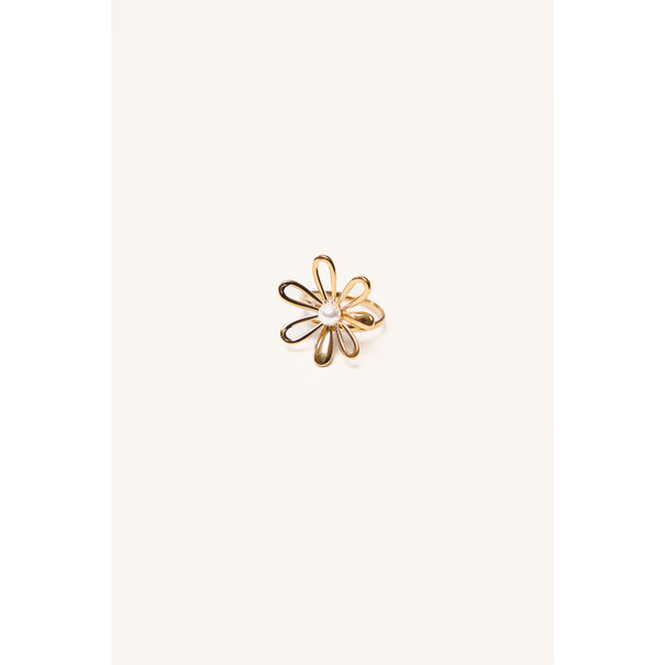 Bloem ring met parel | Goud