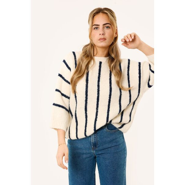 Soof gestreepte trui met korte mouw | Wit/donkerblauw