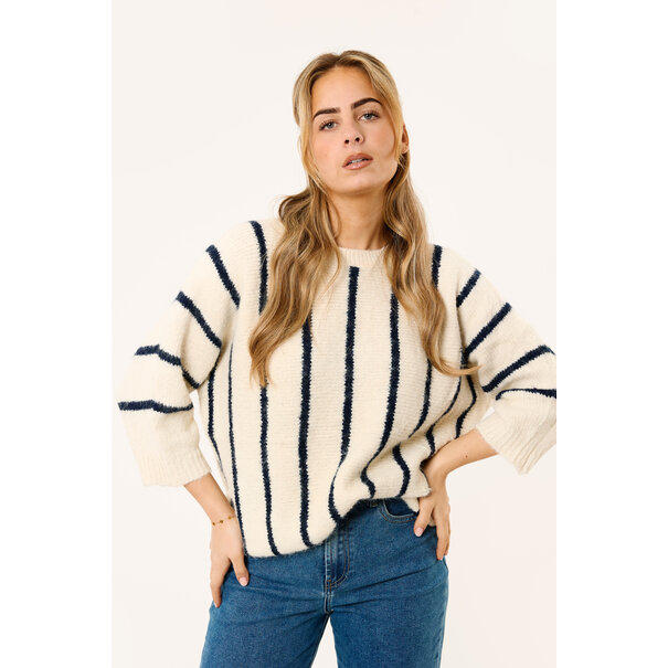 Soof gestreepte trui met korte mouw | Wit/donkerblauw