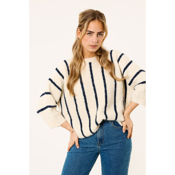 Soof gestreepte trui met korte mouw | Wit/donkerblauw