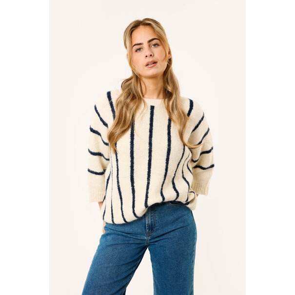 Soof gestreepte trui met korte mouw | Wit/donkerblauw