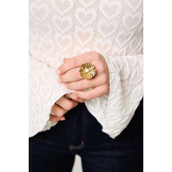 Statement ring bloem met parel groot | Goud