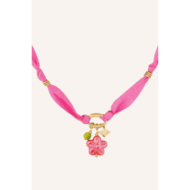 Ketting stof bloem | Roze/goud