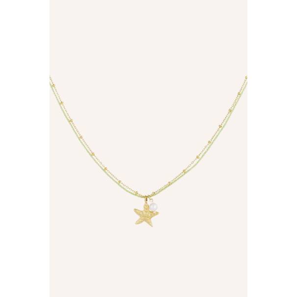 Ketting dubbel zeester parel | Groen/goud