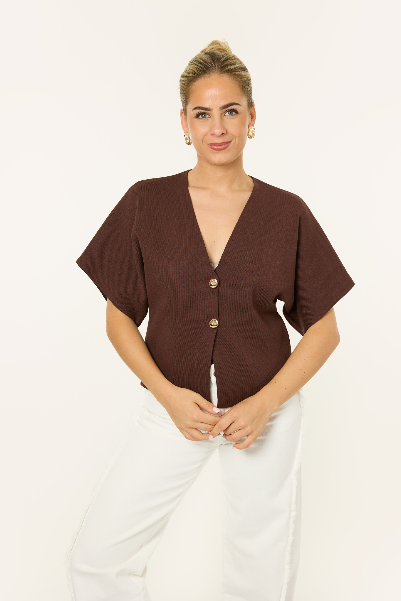 Ayla top met gouden knoop | Bruin