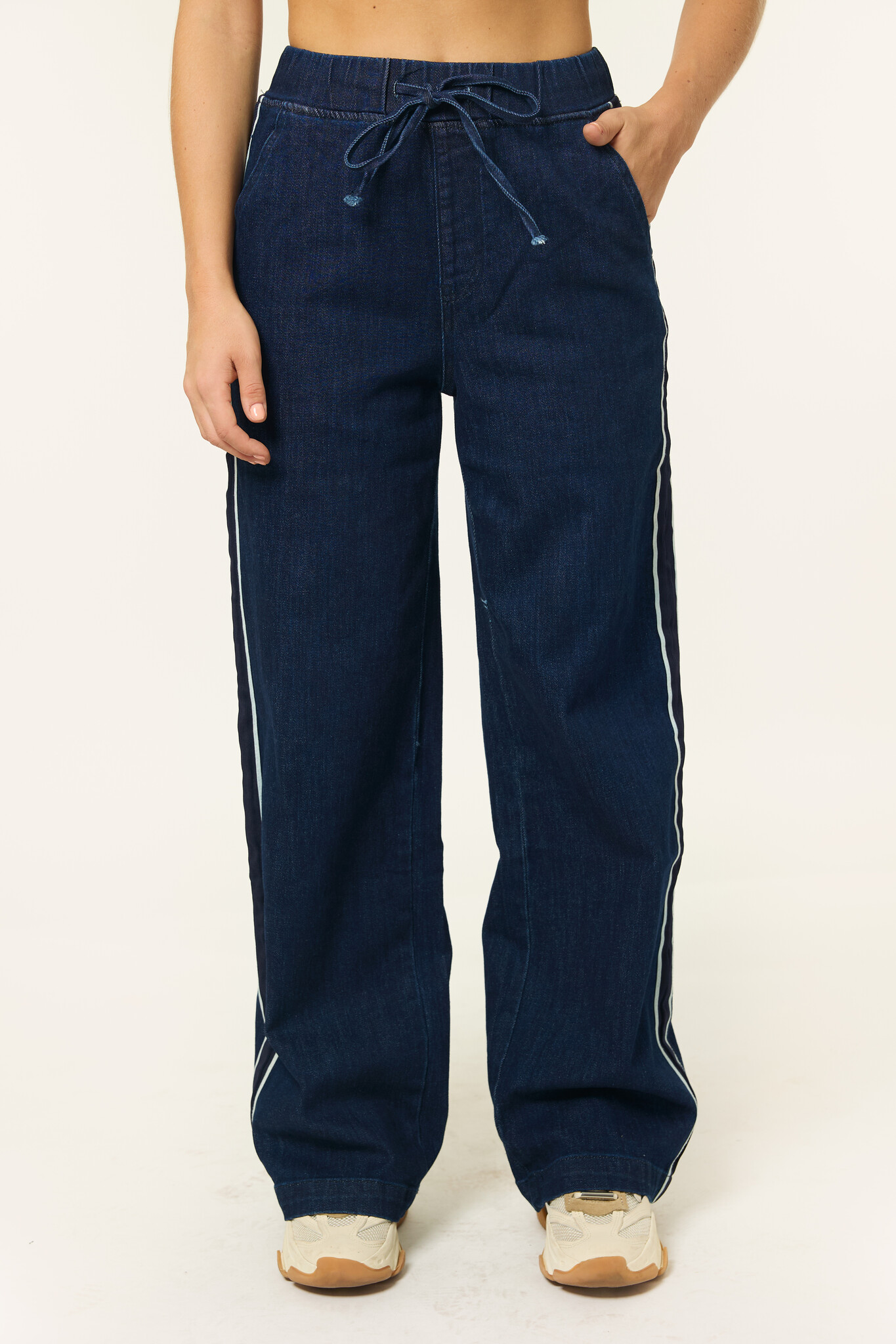 Denim wide leg jeans met streep | Donkerblauw