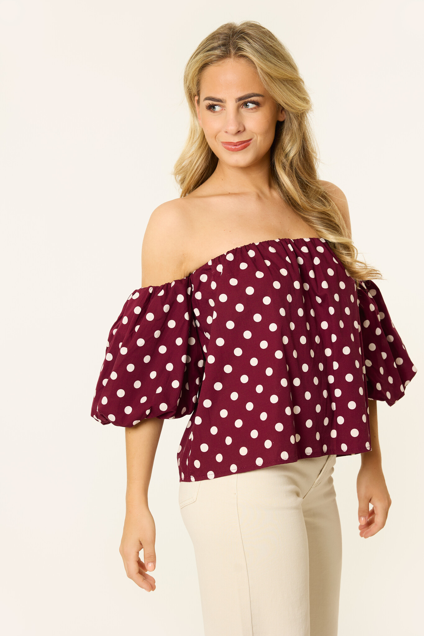 Olivia stippen off shoulder top | Cherry red