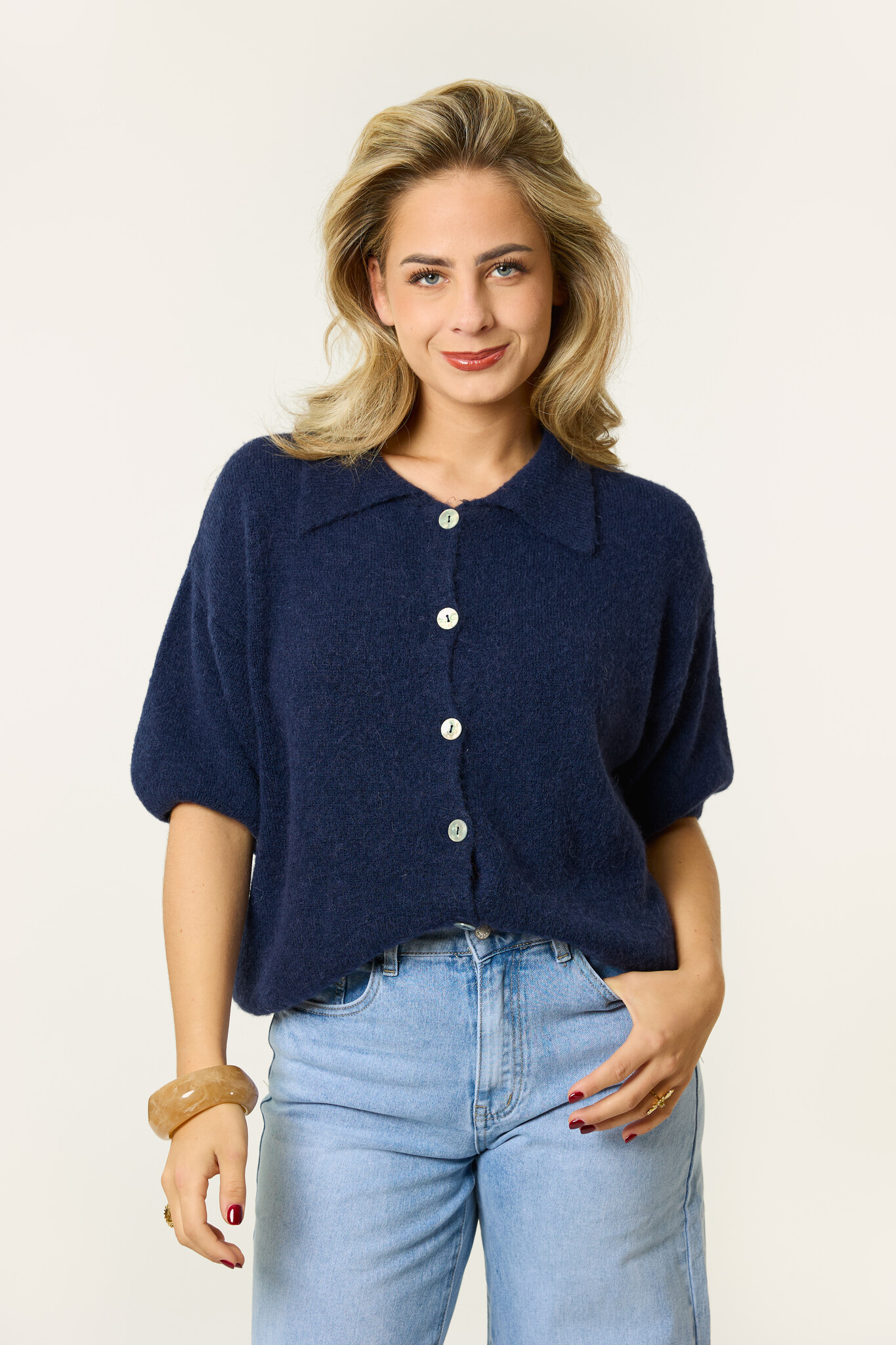 Teddy top met polo kraag | Donkerblauw