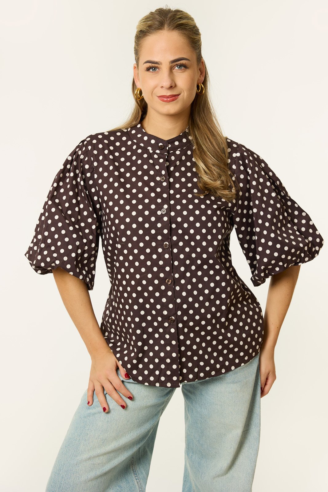 Janne blouse gestipt | Bruin/wit