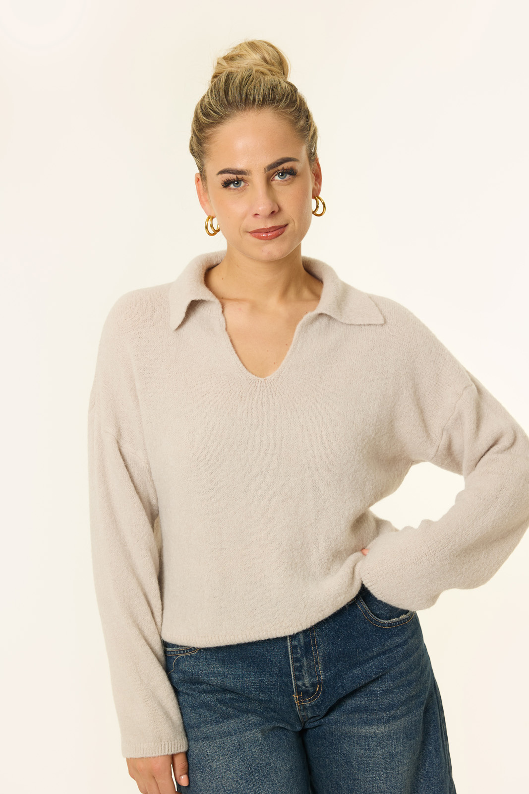 Teddy trui met polo kraag | Beige