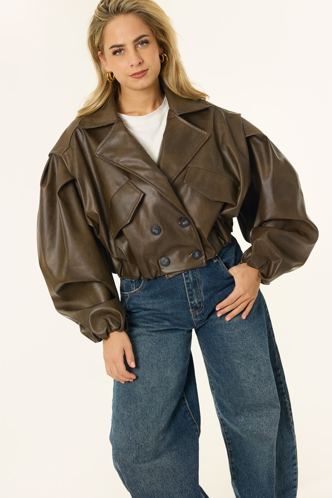 Lindy leatherlook korte trenchcoat | Bruin