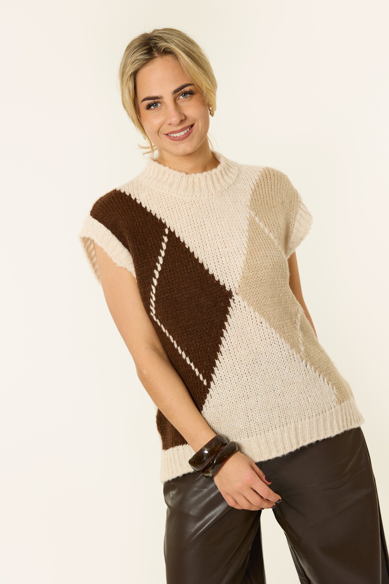 Rosan spencer met ruit | Bruin/beige